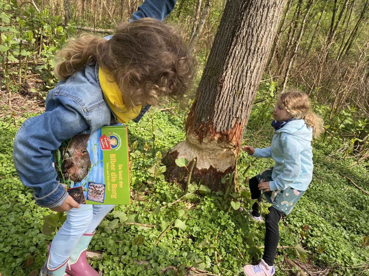 Zwei Mädchen vor einem angenagten Baum